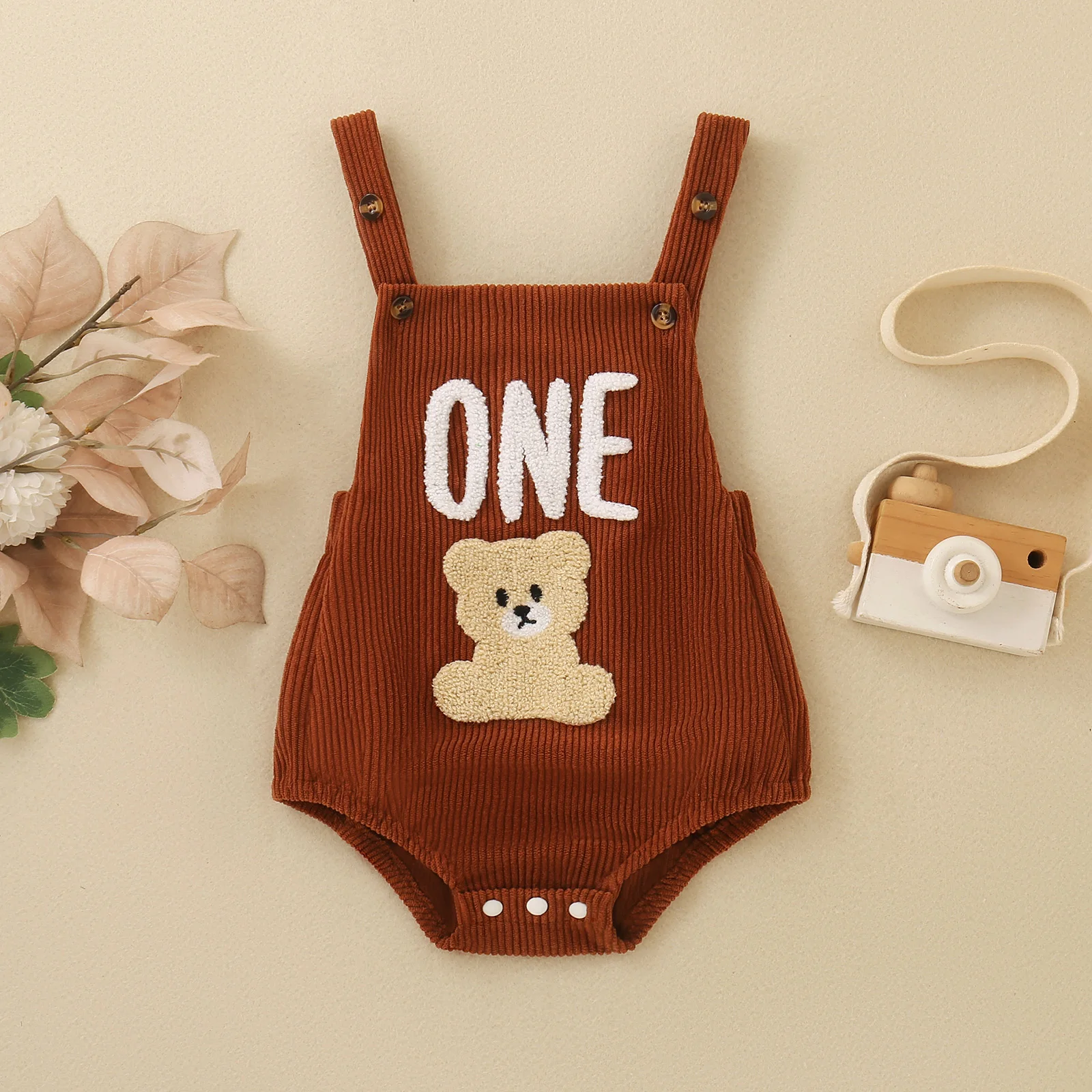 Baby One Birthday Corduroy Overalls Romper Cute Bear Embroidery Sleeveless Suspender Bodysuit Infant 1st Birthday Outfit