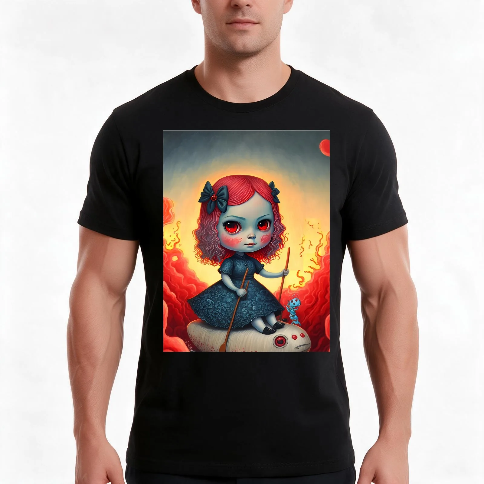Voyage of the Crimson Waves - Surreal Doll in a Fiery Fantasy World T-Shirt Summer Casual Cotton Tee Oversized Streetwear Tops