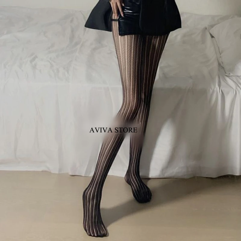 Women Girls Goth Punk Sexy Lolita Retro Fishnet Pantyhose Stockings Harajuku Vertical Stripe Pattern Tights Mesh Socks Leggings