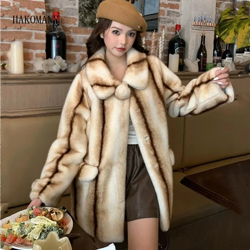 2023 Women Midi Outerwear Winter Lapel Gradient Stripe Hairy Shaggy Mink Faux Fur Coat Ball Cuff Long Sleeve Warm Furry Jacket