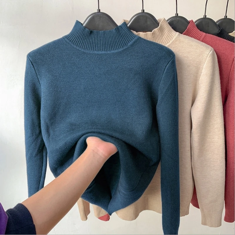 Suéter medio cuello alto para mujer, punto manga larga liso, Tops, suéter grueso con forro para Otoño e