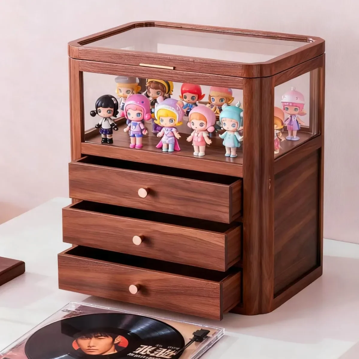 Desktop teapot storage box, black walnut teacup tea set holder, glass storage cabinet, solid wood finishing display cabinet