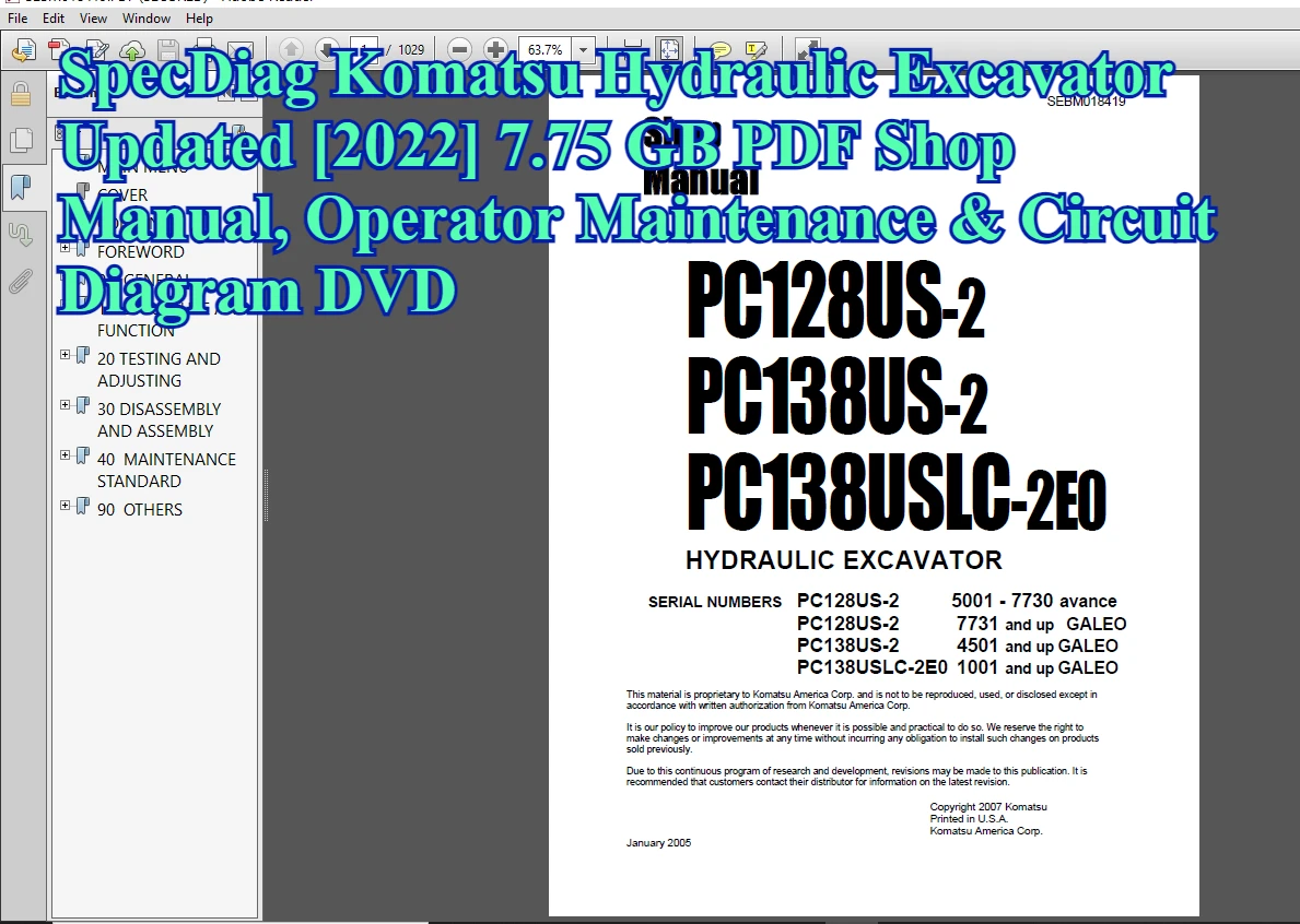 SpecDiag Komatsu Hydraulic Excavator Updated [2022] 7.75 GB PDF Shop Manual, Operator Maintenance & Circuit Diagram DVD