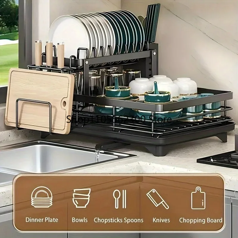 Double-Tier Extendable Dish Drainer – Large-Capacity Utensil Rack & Draining Board for Kitchen Worktops