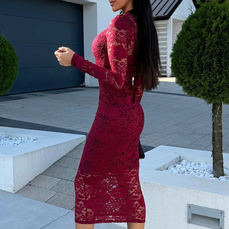 New Solid O Collar Hollow Out Long Dress Sexy Slim See Through Lace Evening Dress Elegant Temperament Long Sleeve Bag Hips Dress