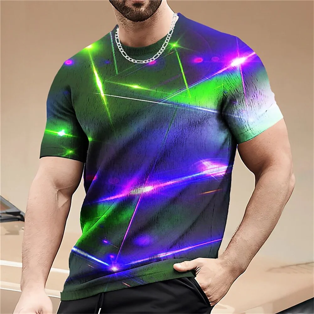 2023 Laser Color Blocks Print T-Shirt For Men Casual Short-Sleeved T-Shirts Trend Breathable Personality Graphic T Shirts Tops