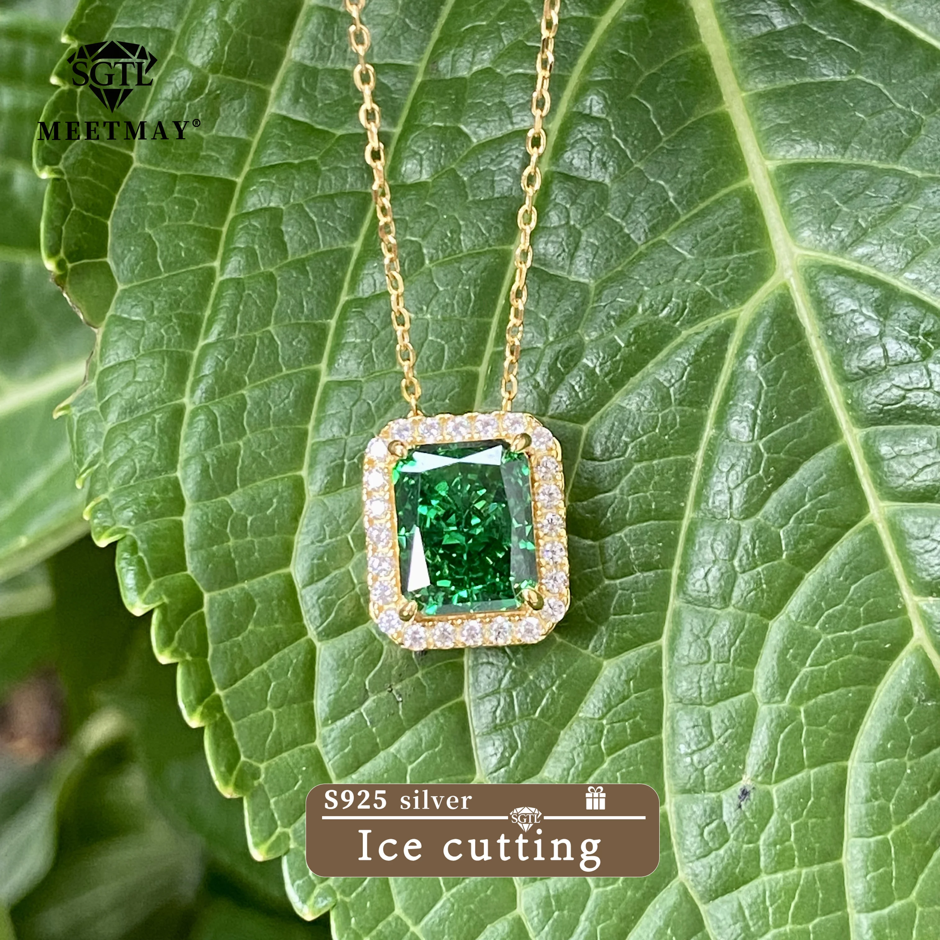 Bocarman Mintgrüner rechteckiger Anhänger aus S925-Silber, platiniert, mit eisgeschnittenem Zirkon, Halskette für Damen, hypoallergener Schmuck – Detail 9