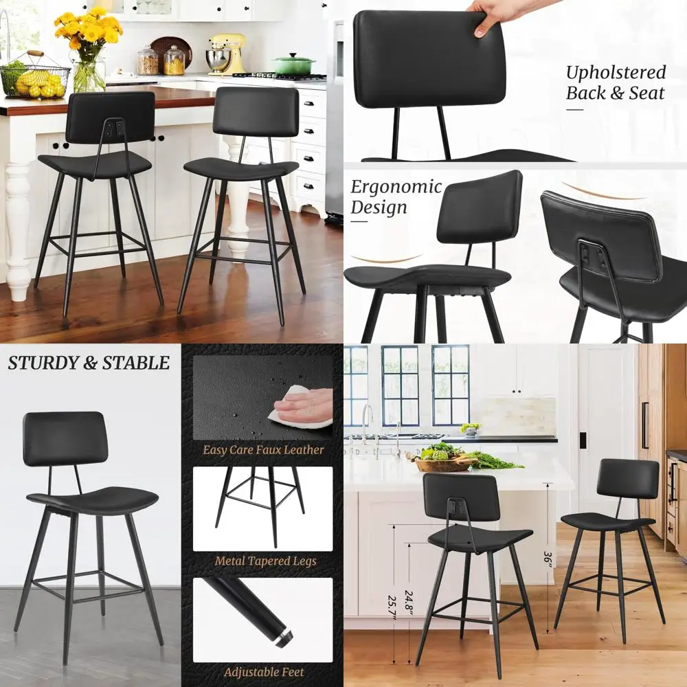 Black Faux Leather Counter Height Bar Stools Set of 2 with Back Footrest, Metal Legs, Armless Design for Comfortable Seating