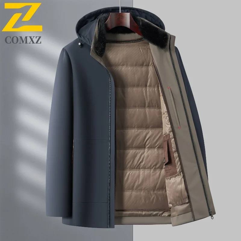 COMXZ High Quality Mens Long Down Jacket Hooded Outdoor Office Lightweight Puffer Jackets Luxury Business Windproof Winter Parka