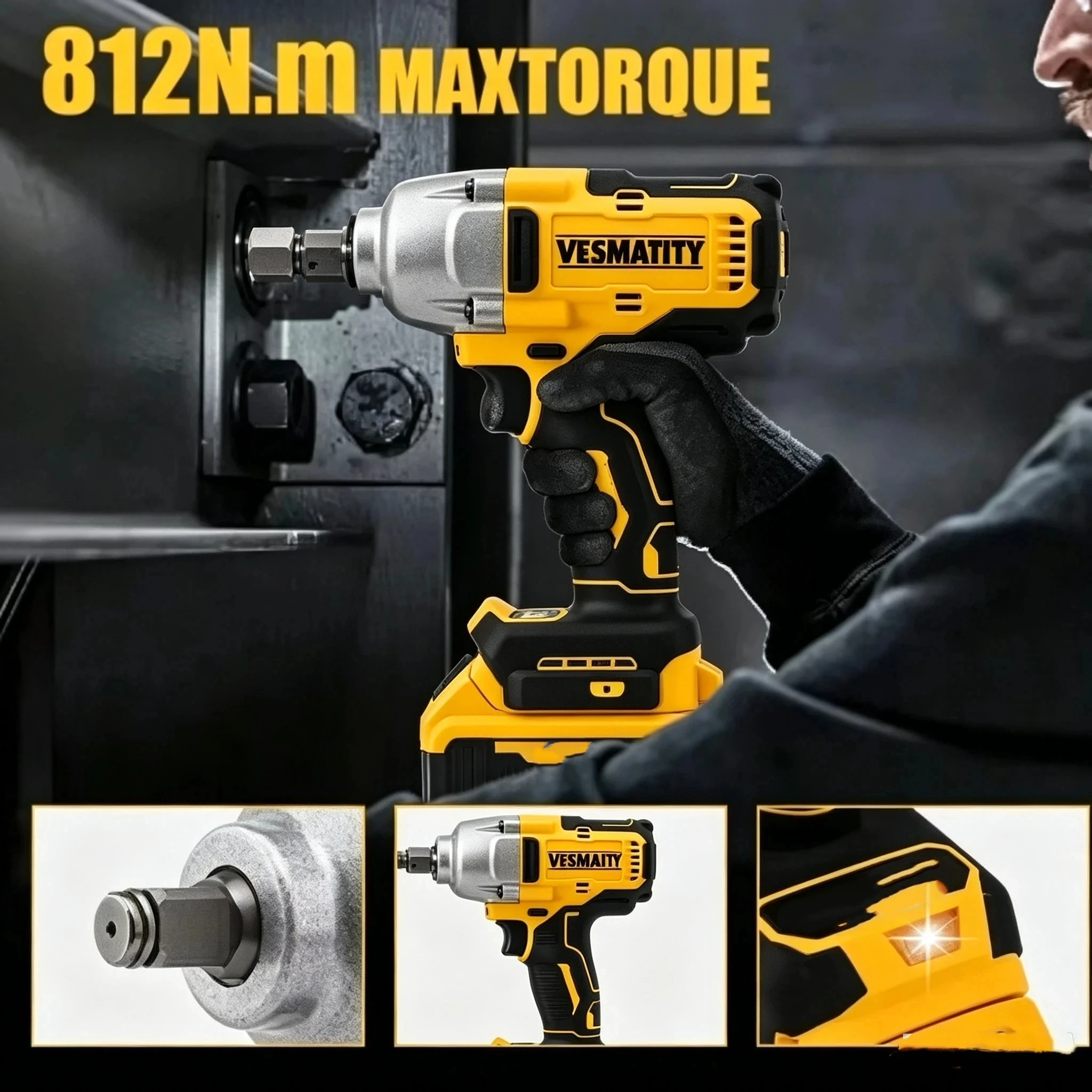 Cordless Impact Wrench 800N.m Brushless High Torque Electric Power Tool 20V Battery 1/2 Inch for Tire Removal Lug Nut Car Repair