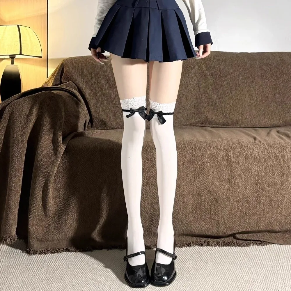 1 Pair Sweet Black/White JK Socks Bow Knot Design Thin Fabric Knee-high Socks Lace Edge Calf Socks Summer Wea