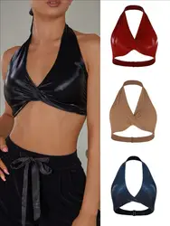 ZYMdancestyle 2024 Latin Dance Mini Top PU Shining Black Red Color with Bra #2416