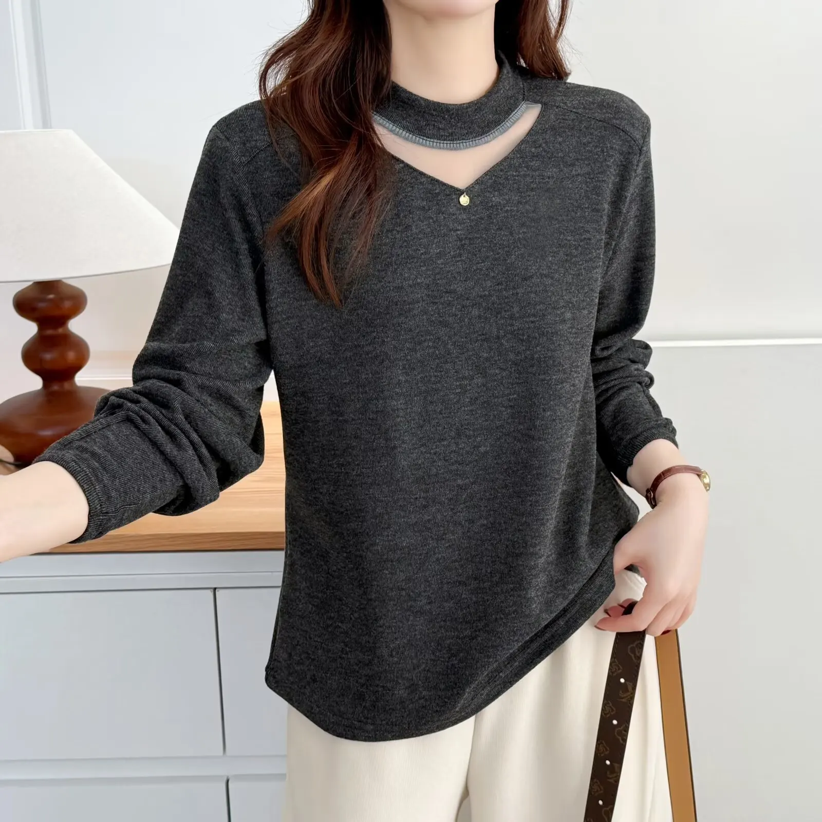 Xxxl moda plus size mulher roupas camiseta inverno malha retalhos colarinho velo quente dobrar punhos manga comprida base topos 895