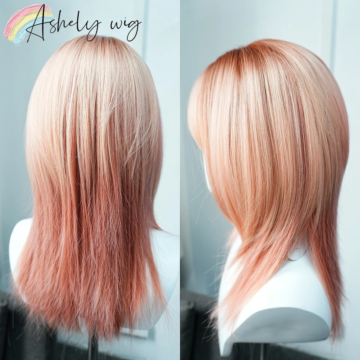 Soft Peach Pink Wigs Medium Length Wig with Bangs French Airy Fringe Layered Wolf Cut Shag Synthetic Cosplay Wig Real Scalp - view 3