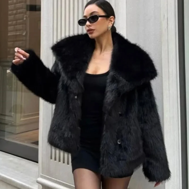 معطف فرو صناعي سترات نسائية شتوية بأكمام طويلة وأزرار سفلية ملابس خارجية معاطف نسائية أنيقة من الصوف معطف منفوش #6