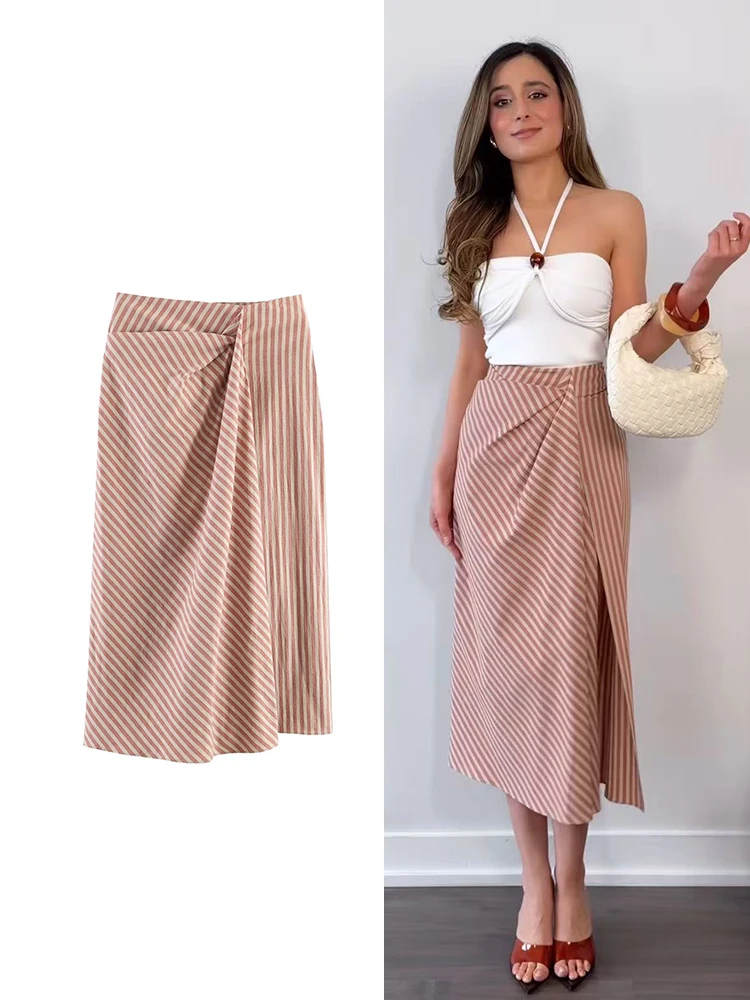 TFMLN 2026 New Ladies Long Skirt Fashion High Waist Striped Folds Design Split Skirts Woman Streetwear Vintage Chic Skirts