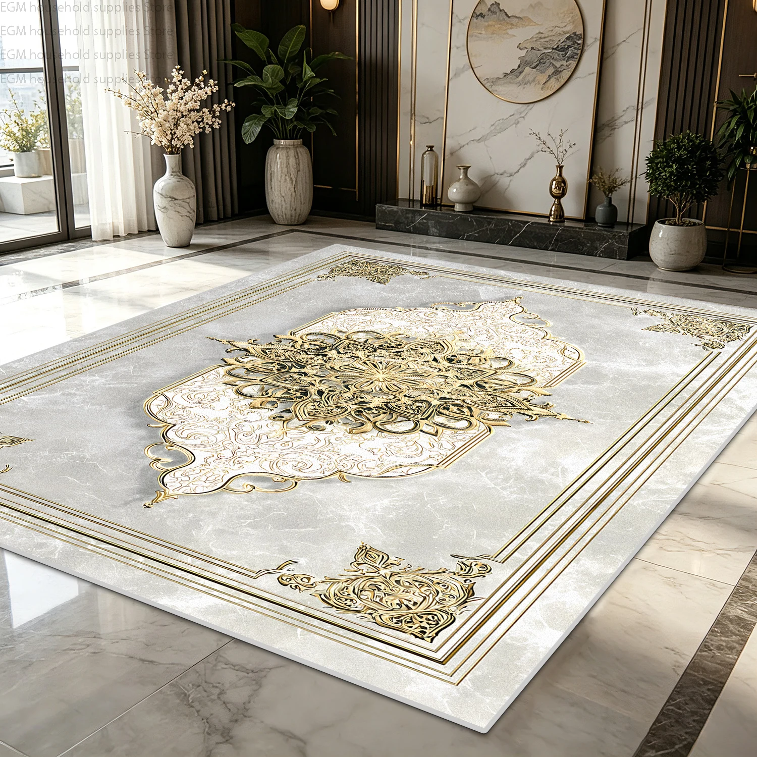 White Gold European Luxury Carpet Ornate Living Room Decoration Home  Soft Fluffy Big Area Rug Bedroom Non-slip Lounge Floor Mat