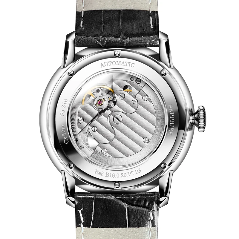 PONIGER Fashion Men's Designer Waterproof Watch Rose Gold Luminous Hand Automatic Wrist Watches For Men Leather