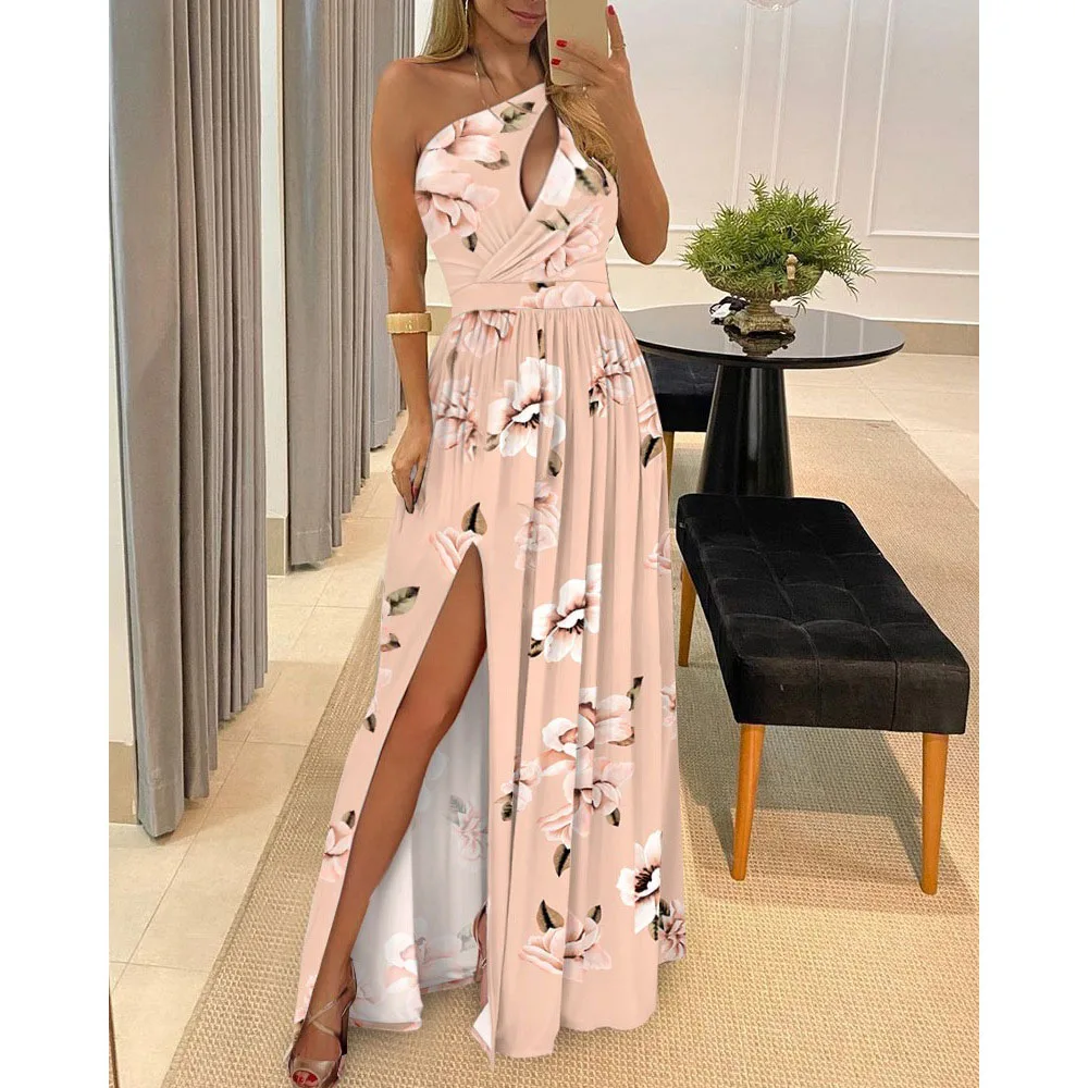 

Women's Robe 2025 Spring New Elegant Hollow-out Slanted Sleeveless Printed High Waist Slit Maxi Dress Evening Party Vocation