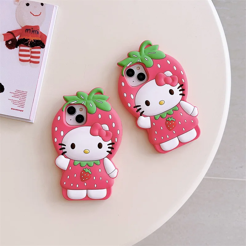 3D Cute Cartoon Strawberry Hello Kitty Phone Case For iPhone 16 15 14 Plus 13 12 Pro Max Soft Silicone Shockproof Cover Fundas