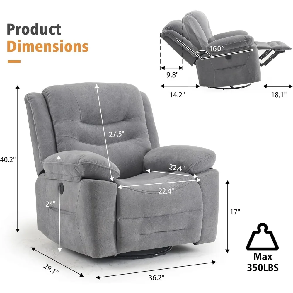 Large Power Swivel Rocker Recliner,Massage & Heat, USB Port,Infinite Position,Overstuffed Electric Glider,Soft Fabric Sofa Chair