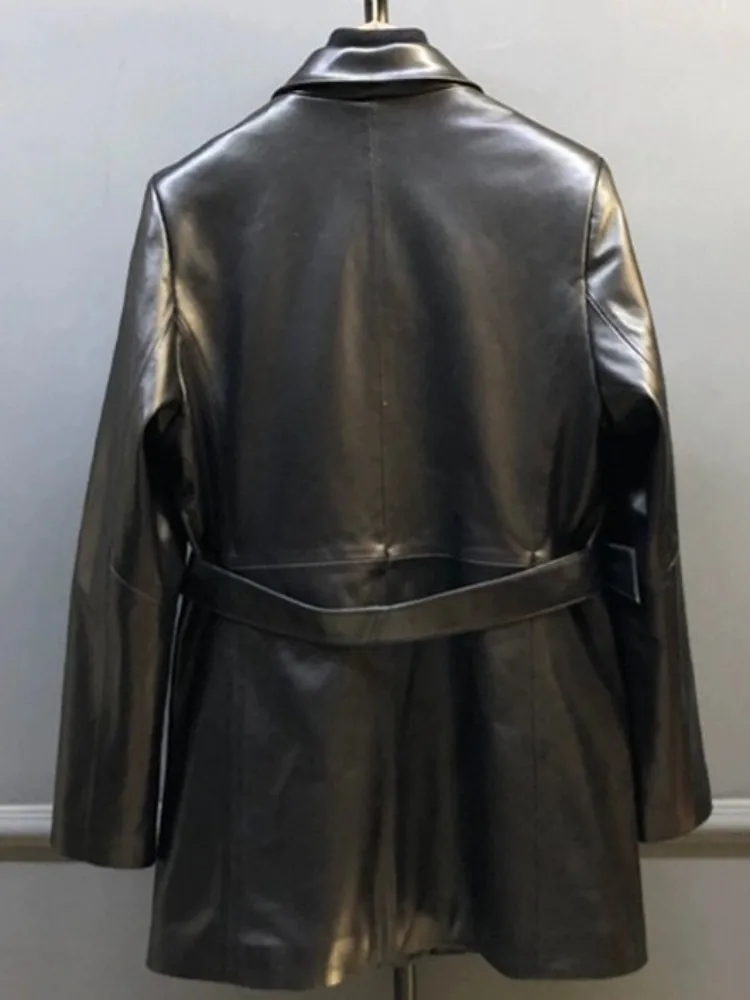 Colletto da abito da donna da ufficio Giacca in vera pelle tinta unita Slim maniche lunghe Pelle di pecora Tasca con bottoni Cintura Capispalla moda