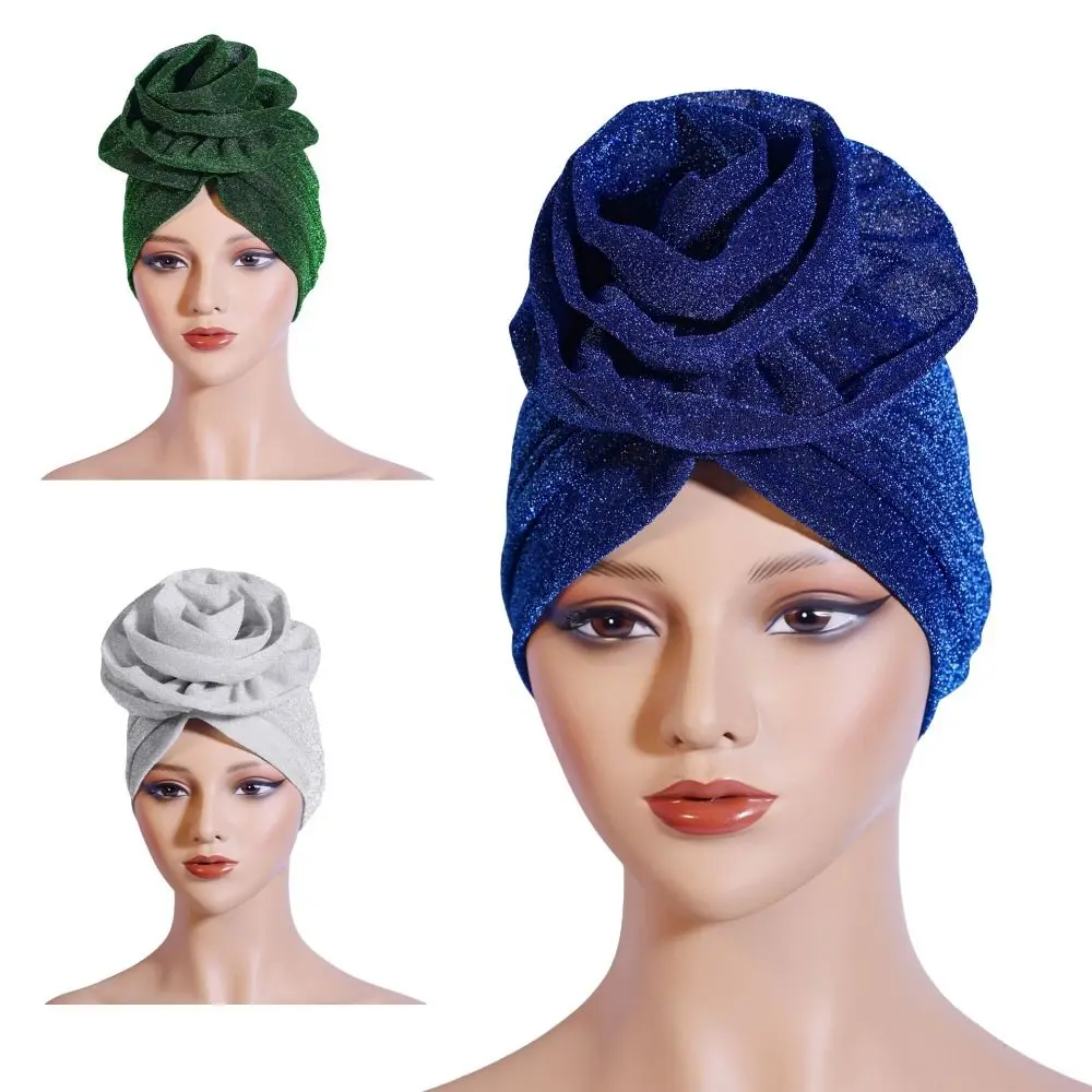 

Fashion Raw Silk African Turban Caps Headwear Big Rose Flower Head Wraps Breathable Lightweight Bonnet Party Headgear