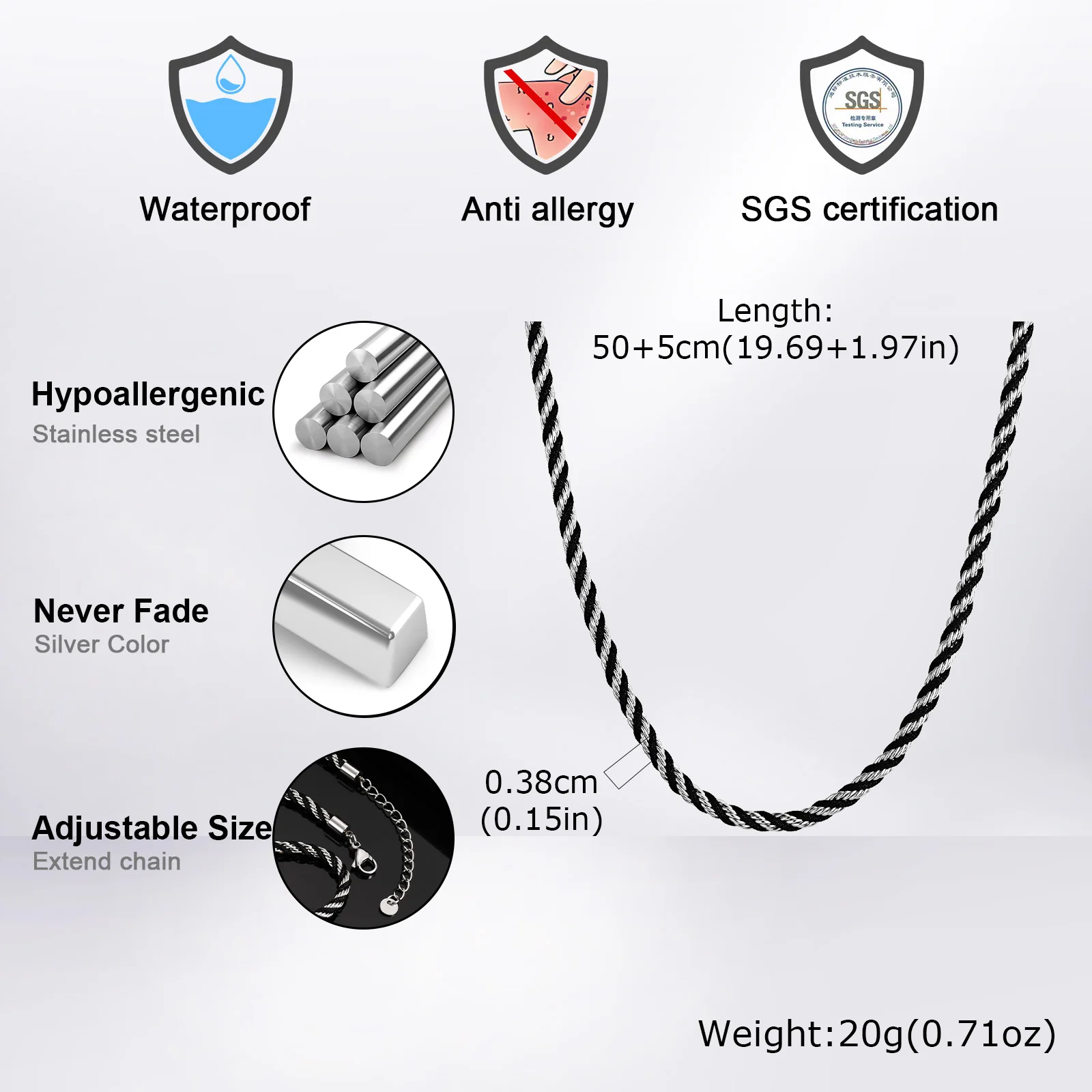 Schwarz-silberfarbene gedrehte Kettenhalskette für Herren, 50–55 cm große Edelstahl-Kettengliederhalsbänder, neue trendige Accessoires – Detail 3