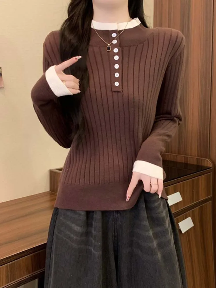 Maglione a Maniche Lunghe Color Blo per Donna, Autunno Inverno, Moda Slim Fit, Strato Base, Top Interno, Stile Coreano