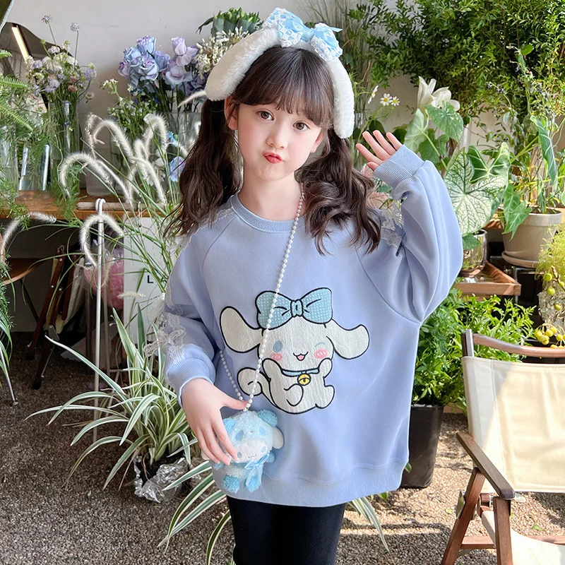 Kawaii Kuromi Cinnamoroll Girls Sweater Anime Sanrio Cartoon Autumn T-Shirt Kids Lace Pullover Shirt Headband Doll Sweet Hoodies