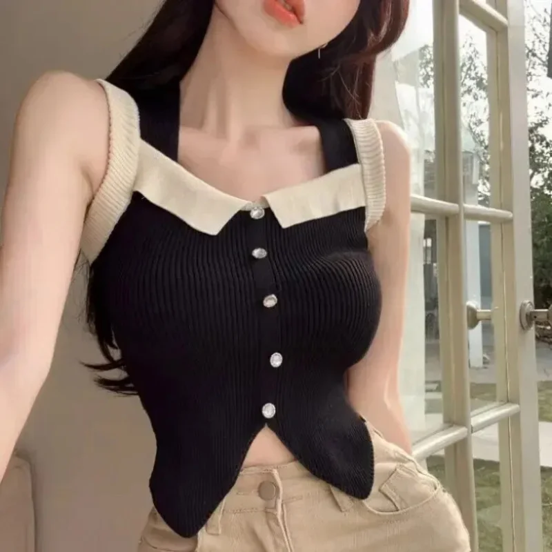 Fashionable Color Block Knitted Strap Vest Women Summer Design Irregular Slim Short Top Trendy Black White Orange Red