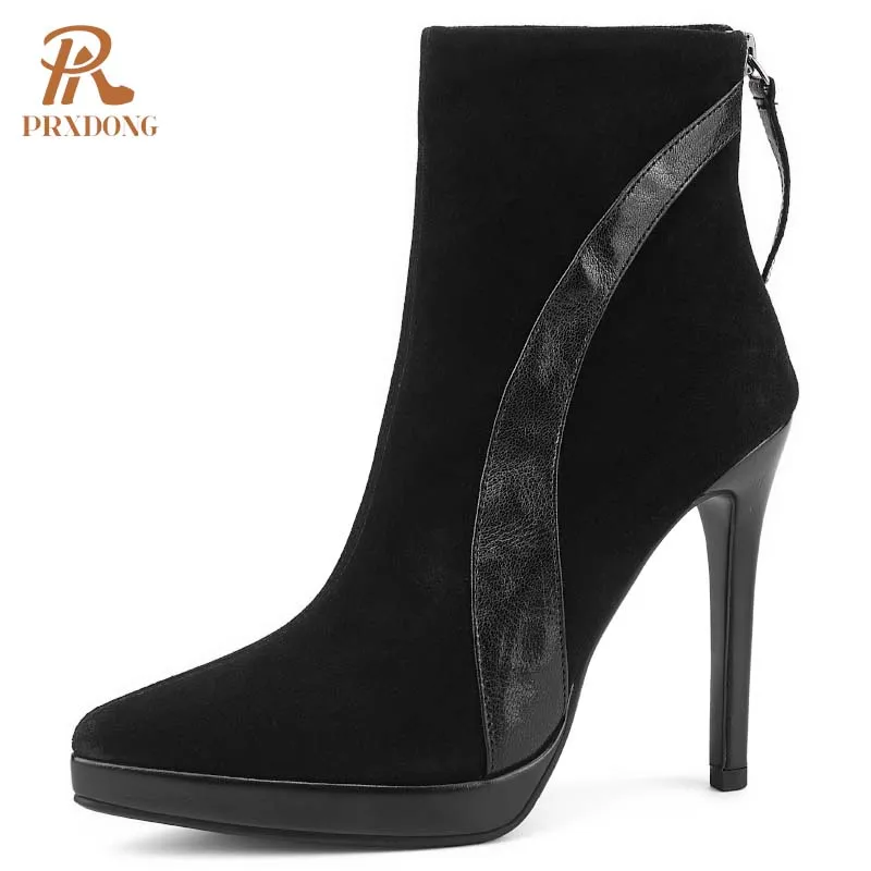 PRXDONG 2024 New Brand Genuine Leather Shoes Woman Ankle Boots Sexy High Heels Platform Black Brown Autumn WInter Warm Shoes 39