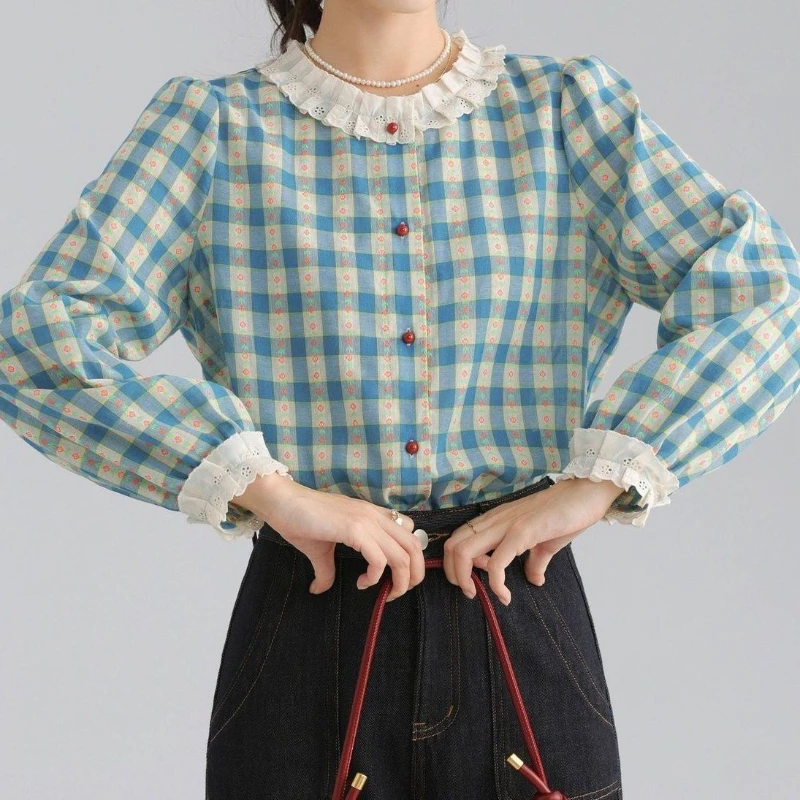 Vintage Blau Plaid Laterne Hülse Shirts Frauen 2025, Herbst Gespleißt Spitze Rundhals Button Up Tops Mode Süße Bluse