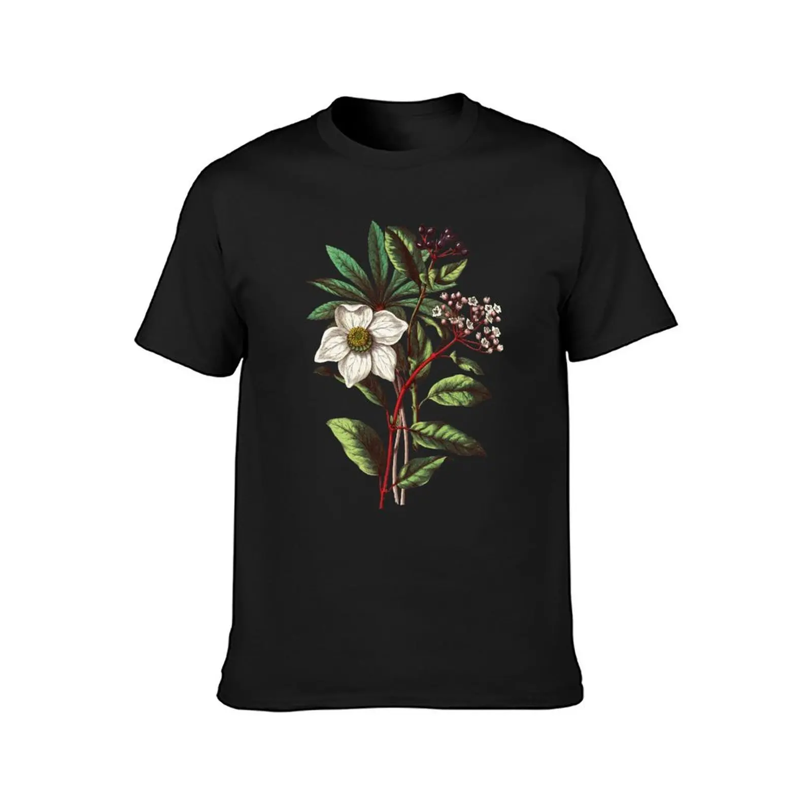 Elegant Vintage Botanical Christmas Rose Flowers Black T-Shirt graphics aesthetic clothes plain funny t shirts for men