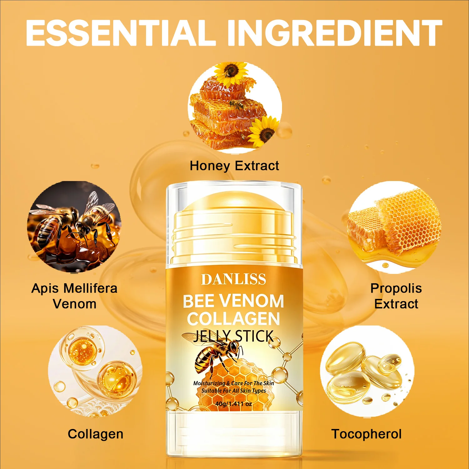Bee Venom Collagen Jelly Stick 40g. With Apis Mellifera Venom. Honey Extract. Propolis Extract. Collagen. Tocopherol.