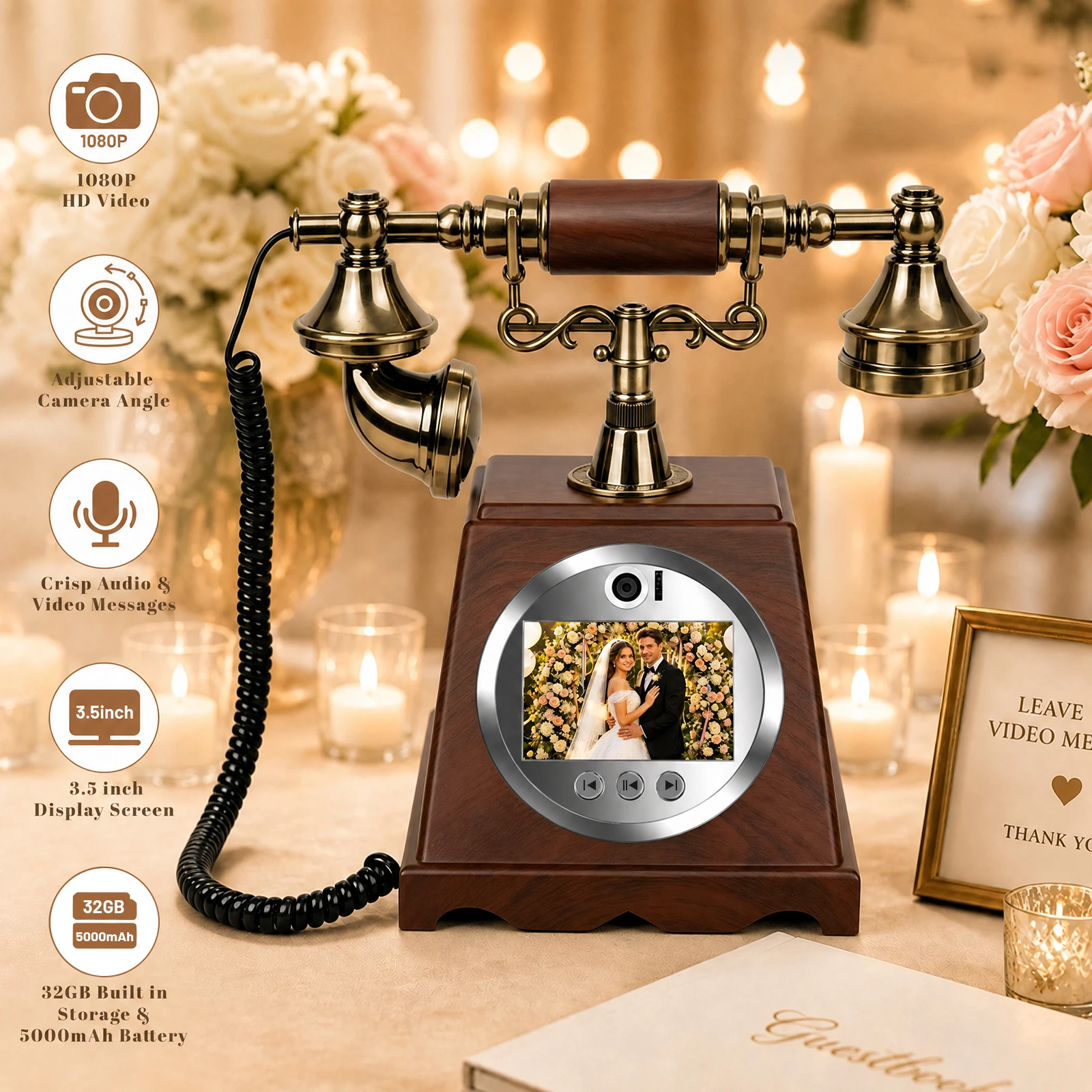 Audio Vintage Video Guestbook Telephone Recordable Save Wedding Party Wishes Voicemail 32GB Vintage Audible Memory Keepsake Gift