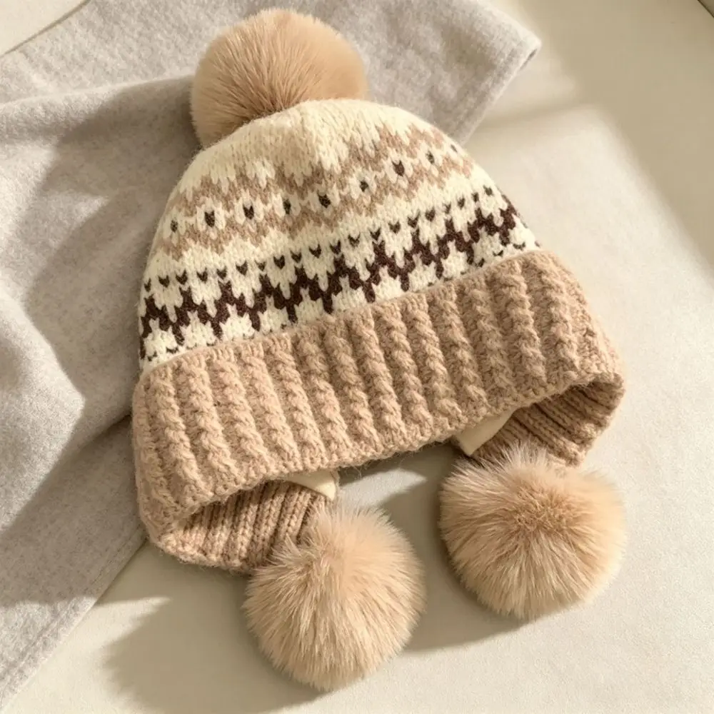 Polyester Material Ear Flap Knitted Hat Ear Protection Face Slimming Design Thick Warm Beanie 52-58CM with Pom Poms