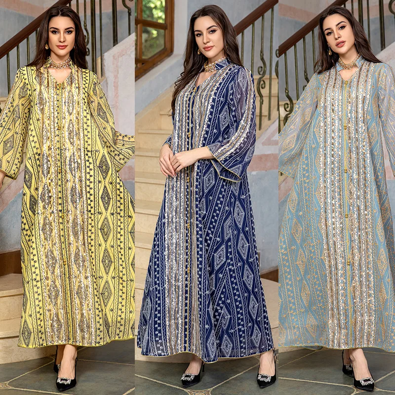 Luxury Moroccan Embroidered Evening Dress with Sequin Patchwork, Fashionable Dubai Robe, Muslim, New Year, Moroccan, New Year