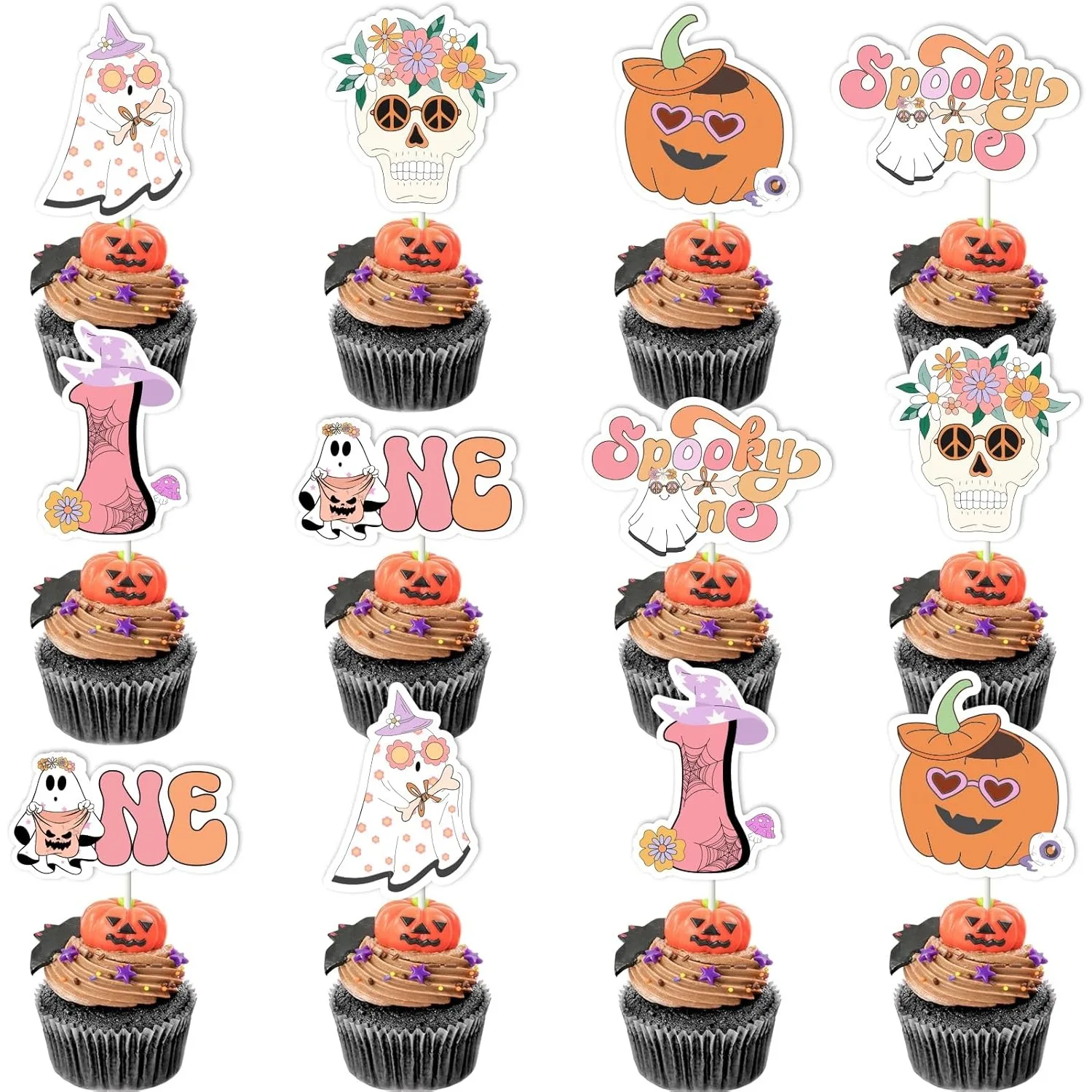 

Kreatwow-Spooky One Groovy Cupcake Toppers, Halloween, 1st Birthday Party Decor, Boho, Ghost One, Bday Decor