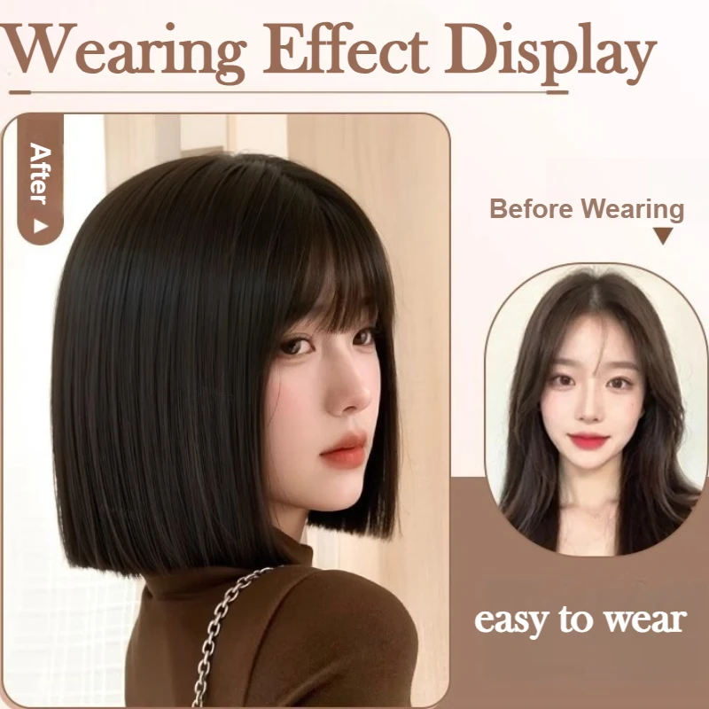 12 بوصة قصيرة مستقيم بوب شعر مستعار مع الانفجارات الاصطناعية الطبيعية تأثيري شعر مستعار للحفلات اليومية للنساء رقيق خصلات الشعر المستعار غطاء رأس كامل #2