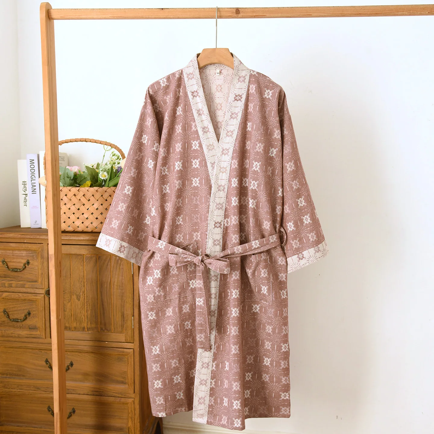 Flower Printed Women's Retro Style Bathrobe Cotton Yarn Woven Jacquard Kimono Yukata Home Robes with Belt Sweatshirt