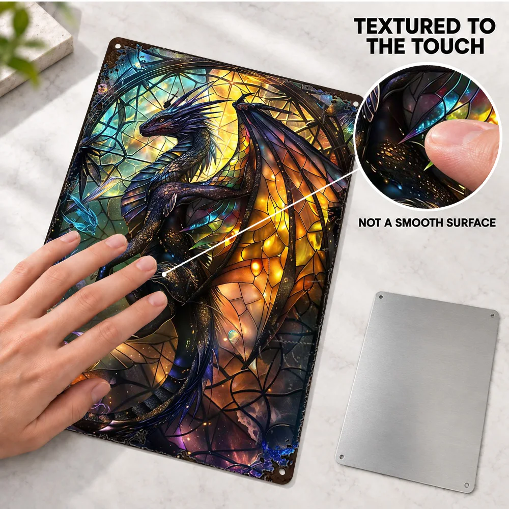 Azure Majesty Dragon Printed Poster Customized Aluminum Metal Sign Gothic Stained Glass Illustration Wall Art For Reading Corner