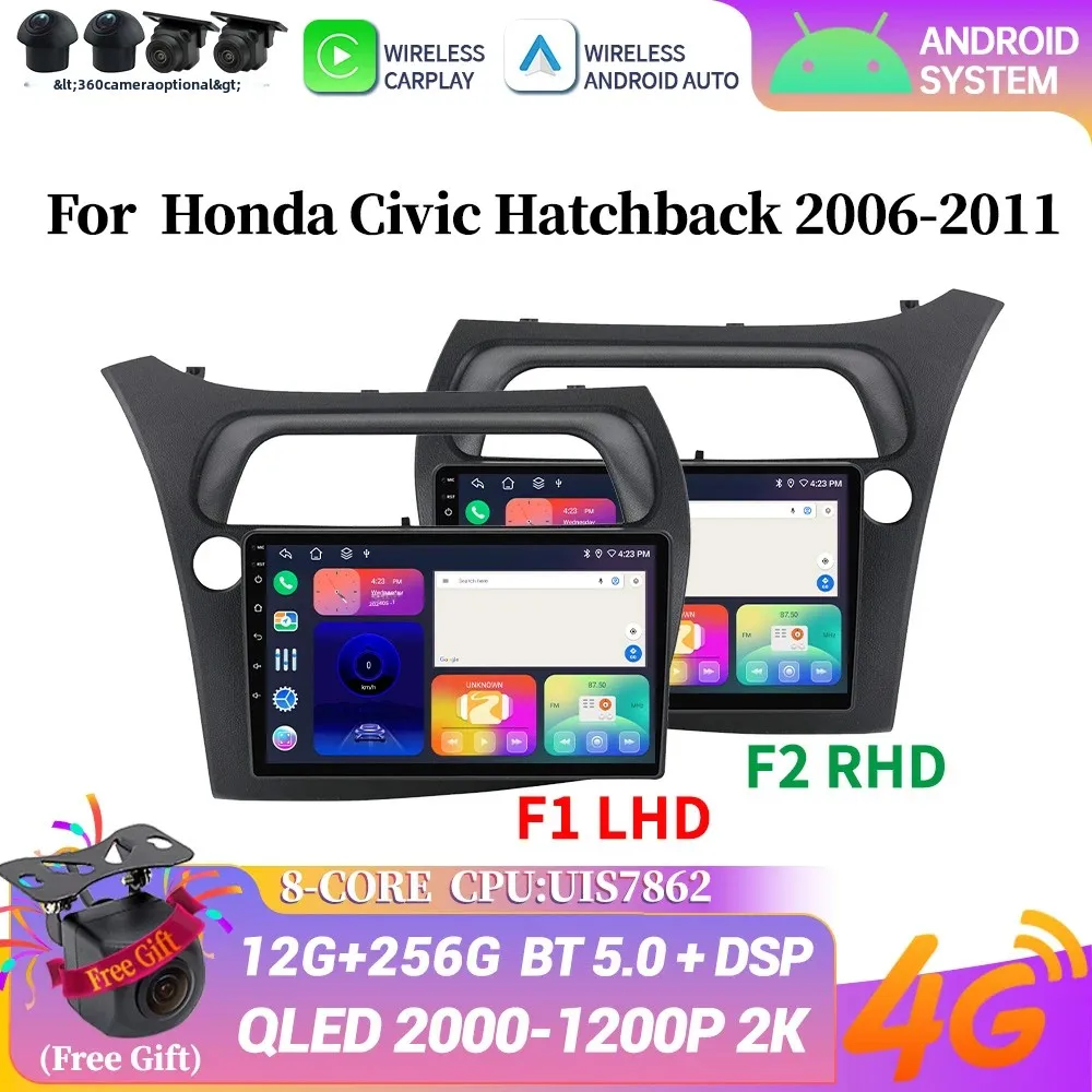 For Honda Civic Hatchback 2006-2011 Car Radio Android 14 Multimedia Navigation Wireless CarPlay 4G GPS Stereo Head Unit Screen