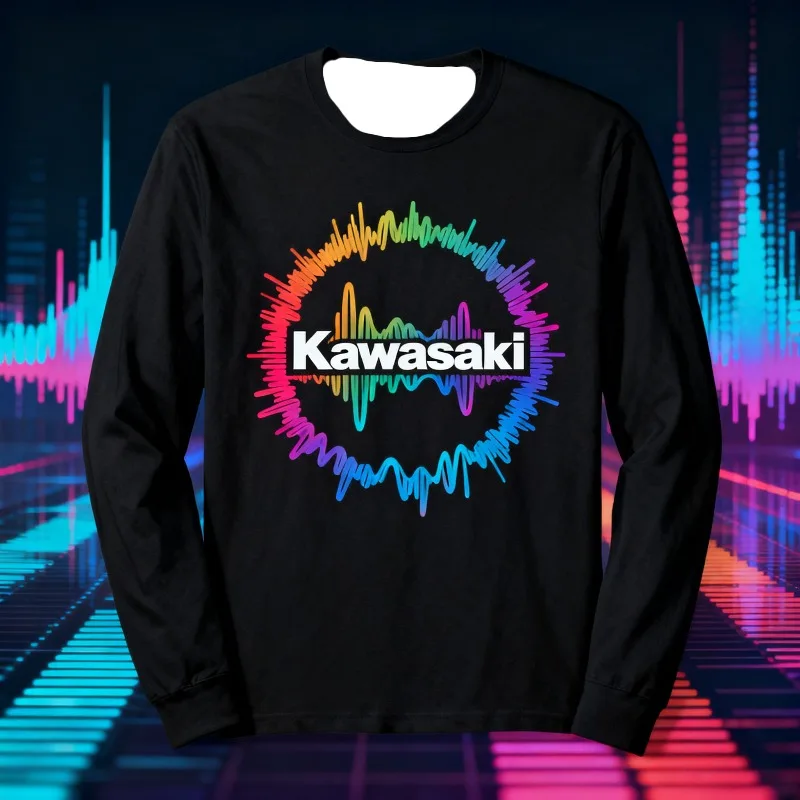 

MOTO-черная рубашка с длинным рукавом, красочной звуковой волной и рисунком логотипа Kawasaki
