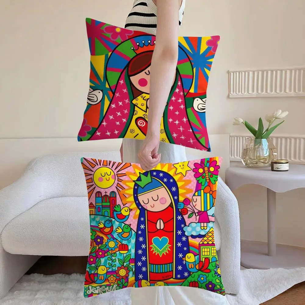 Figure V-Virgin Mary Cushion Cover Breathable Linen Pillowcase Summer Odorless Eco-Friendly Invisible Zipper Washable
