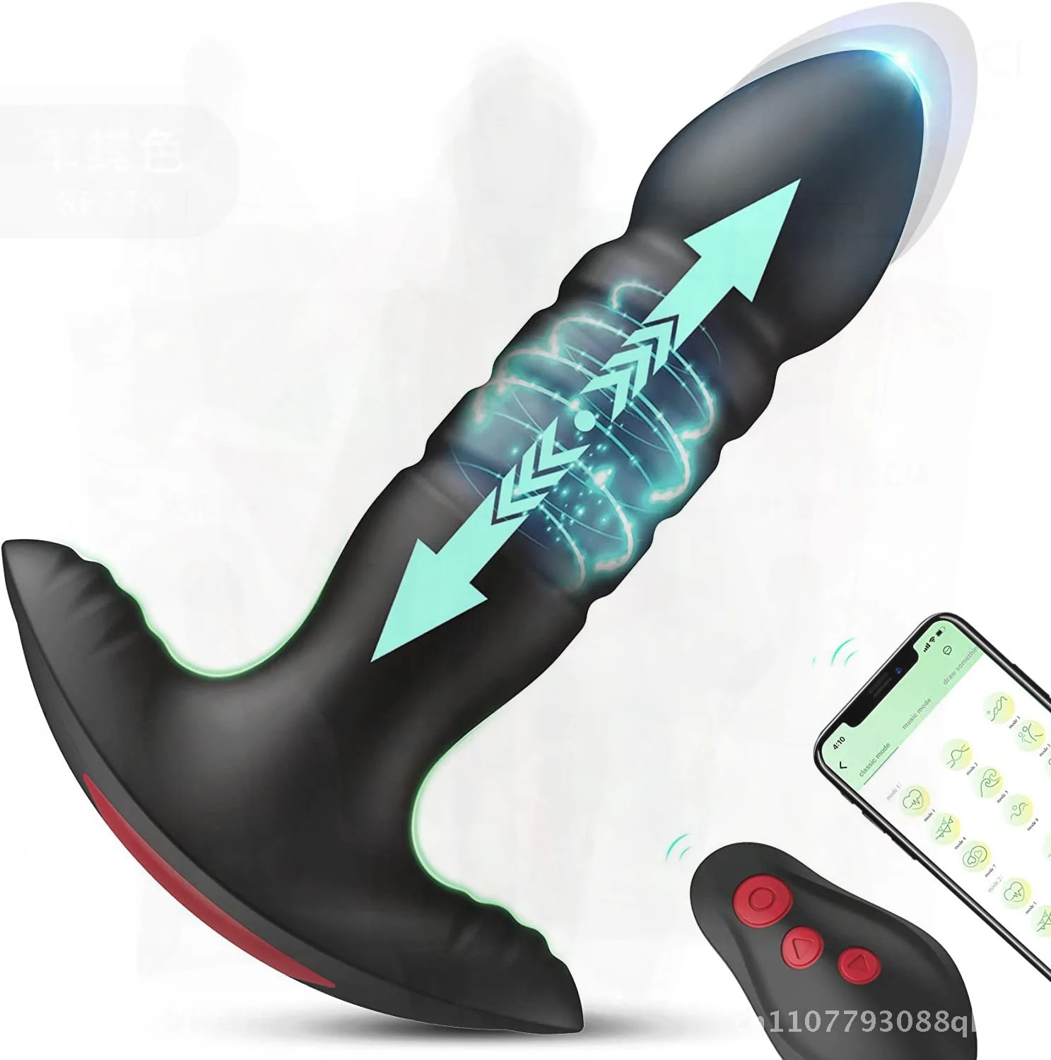 جهاز تحكم عن بعد لاسلكي تلسكوبي للصدمات شرجي التوصيل سيليكون مدلك الخلفي هزاز للبالغين تطبيق أسود متوافق