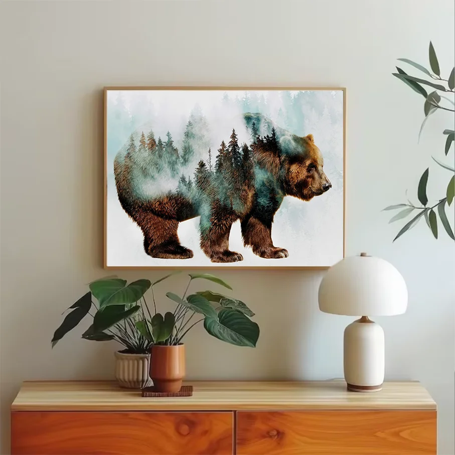 Double Exposure Brown Bear Forest Canvas Print Wall Art Home Decor Painting Abstract Nature Wildlife Poster