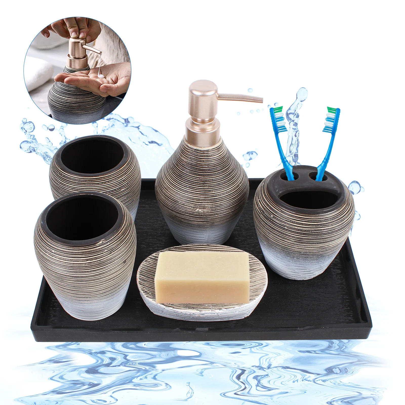 

5Pcs Textured Ceramic Bathroom Accessory Set Includes Soap Dish Lotion Dispenser Toothbrush Holder Gargle Cup Tray Set