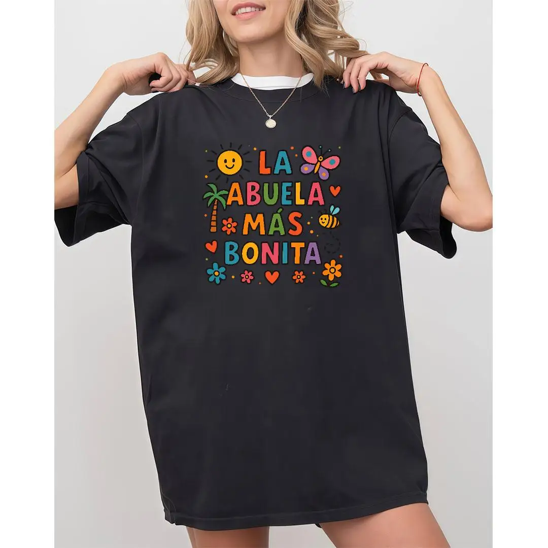 

Women Oversized Abuela T-Shirt La Abuela Mas Bonita Graphic Tee Spanish Grandma Cute Tropical Print Birthday Gift Top