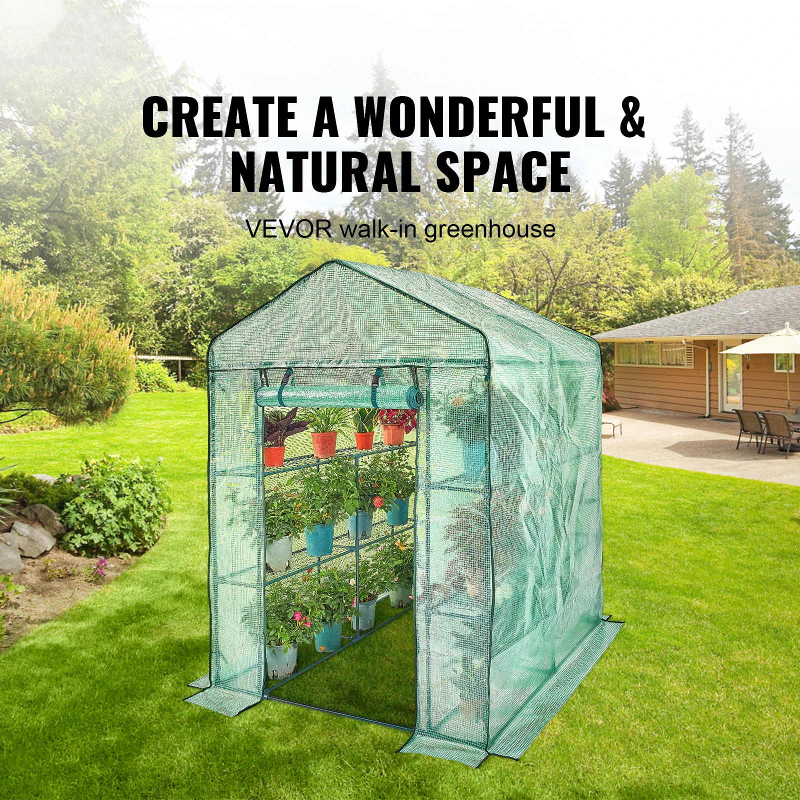 SucceBuy Walk-in Green House Greenhouse with Shelves High Strength PE Cover with Doors & Windows and Steel Frame for Planting